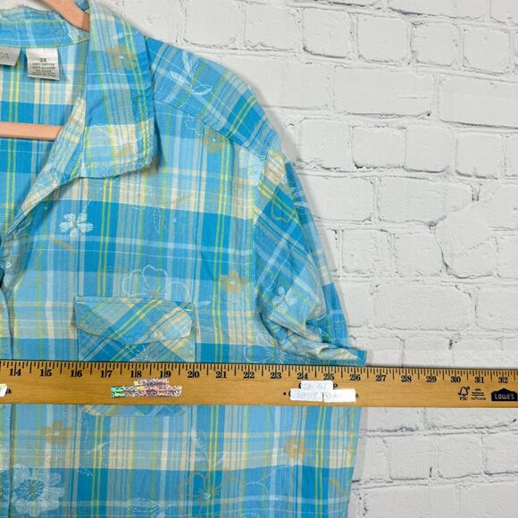 Cottage Shirt Plaid Floral Embroidered Women Plus Size 3X Check Button Cabin Top - Picture 5 of 8